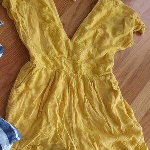Yellow V-Neck Gathered Waist Dress